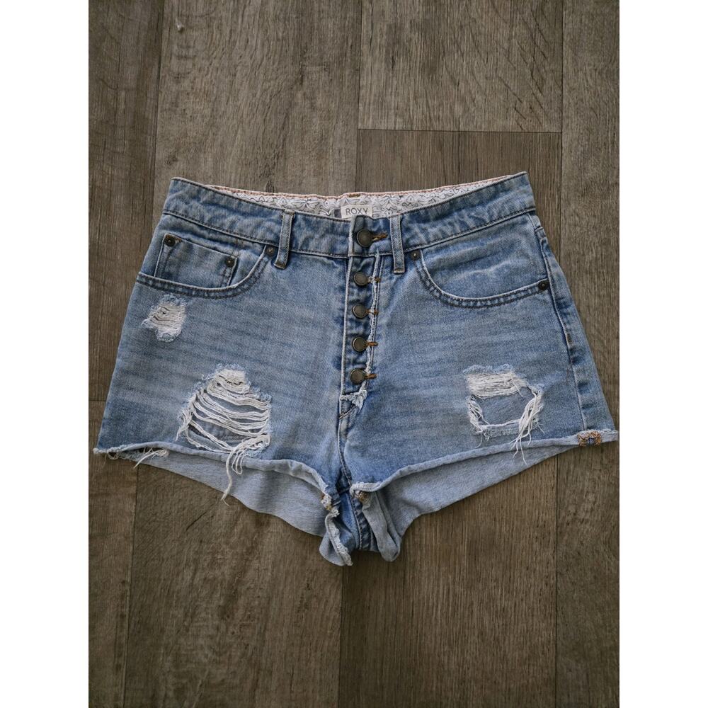 ROXY Button Fly Denim Jean Shorts High-Rise Women’s Size 26 Y2K Distressed